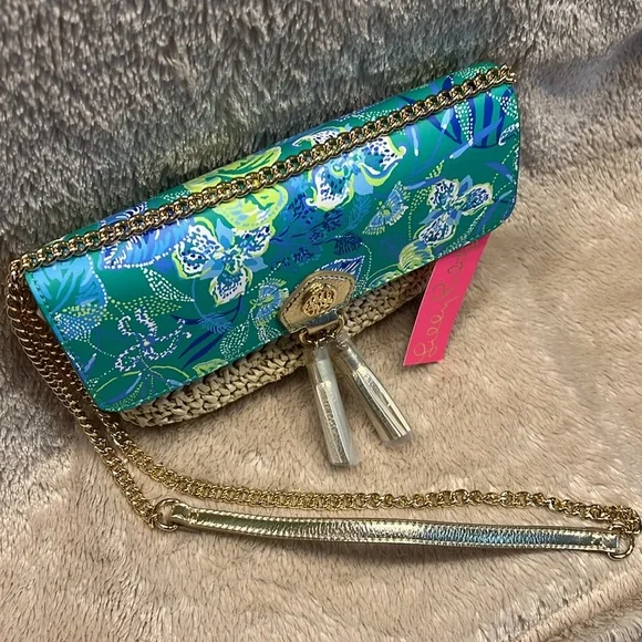 LILLY PULITZER Botanical Garden Straw Crossbody Flutter Clutch - Picture 4 of 17